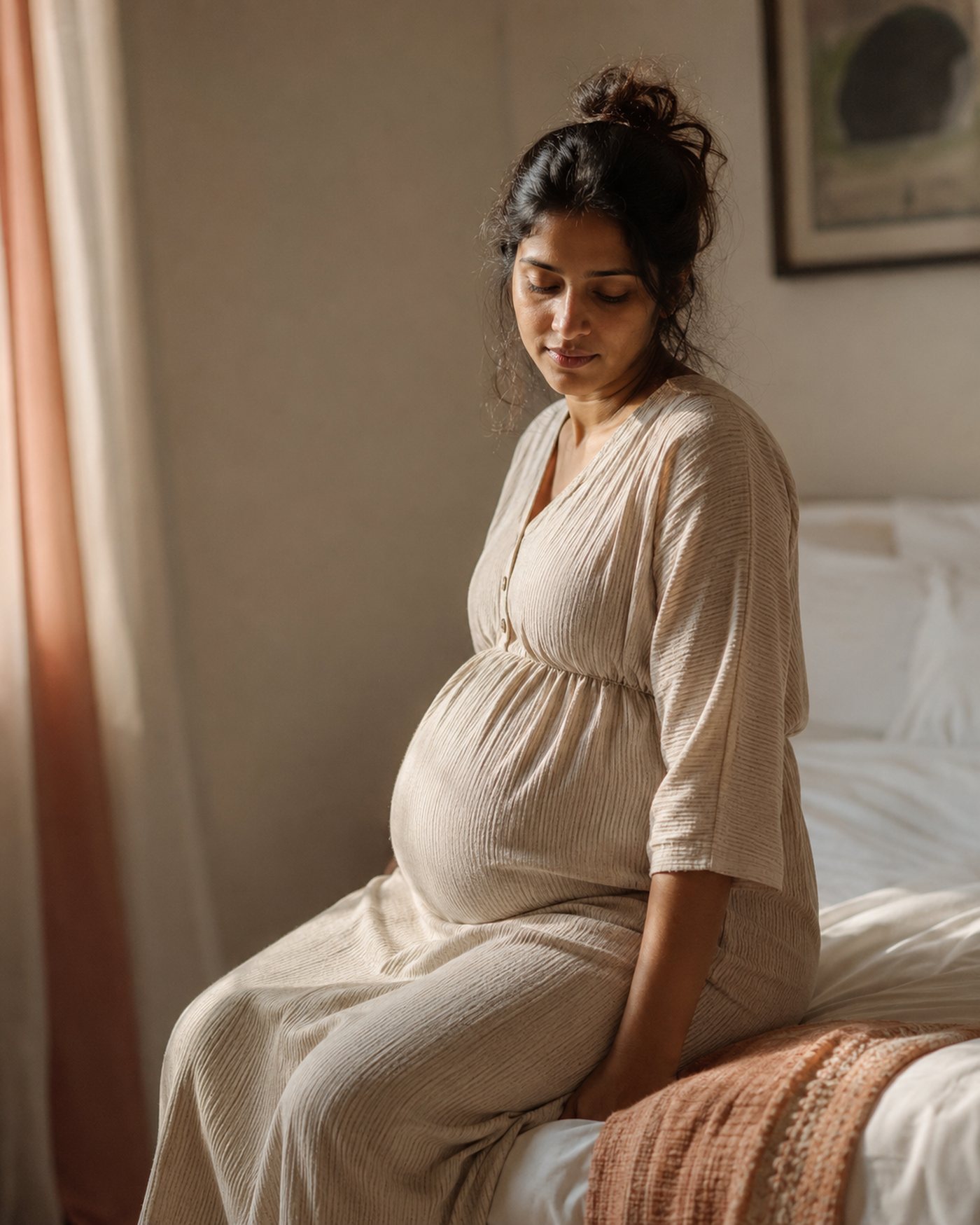 An expectant mother sitting on the edge of a bed in soft morning light, looking down and thinking.